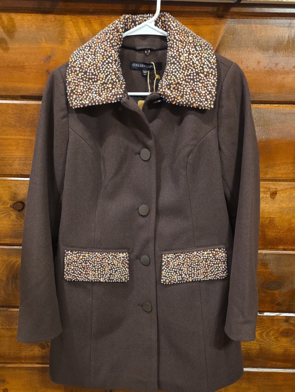 Colleen Lopez Women's Brown Beaded Collar Wool Blend Coat